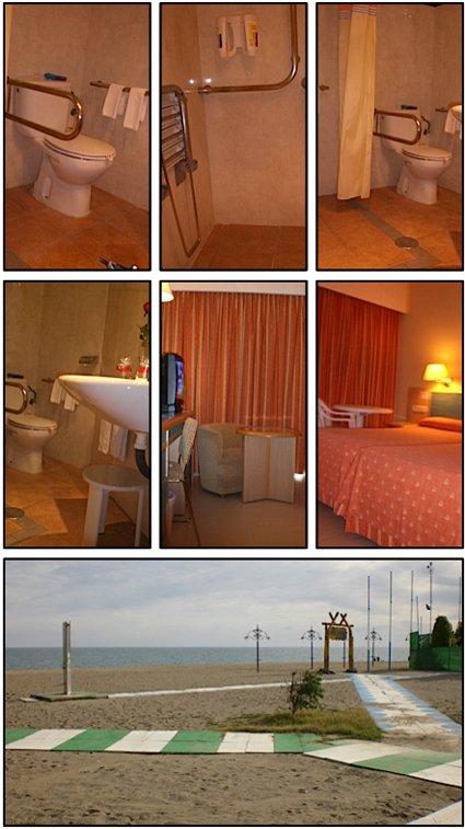 Collage della camera, del bagno attrezzato e del percorso sulla spiaggia